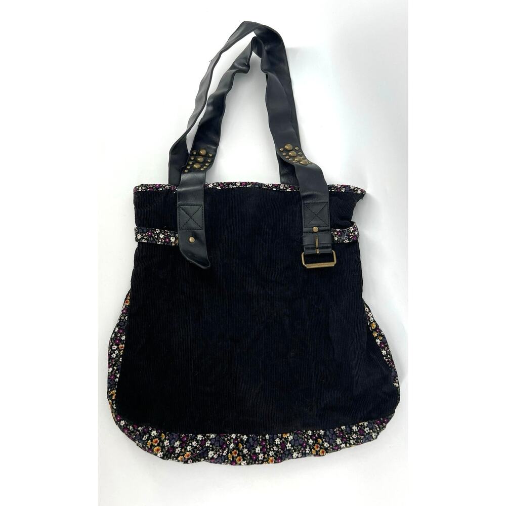 Vintage L.e.i Black Corduroy Shoulder Bag With Floral Print Y2K Studded Handles